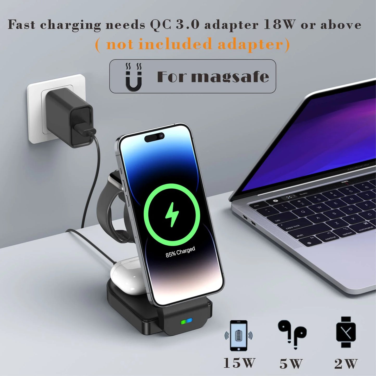 Magnetic Foldable 3 in 1 Wireless Charging Station for Apple Magsafe Charger ,15W Fast Wireless Charger Stand for Iphone 14 13 12 Series Apple Watch Airpods Multiple Devices, Adjustable Angle