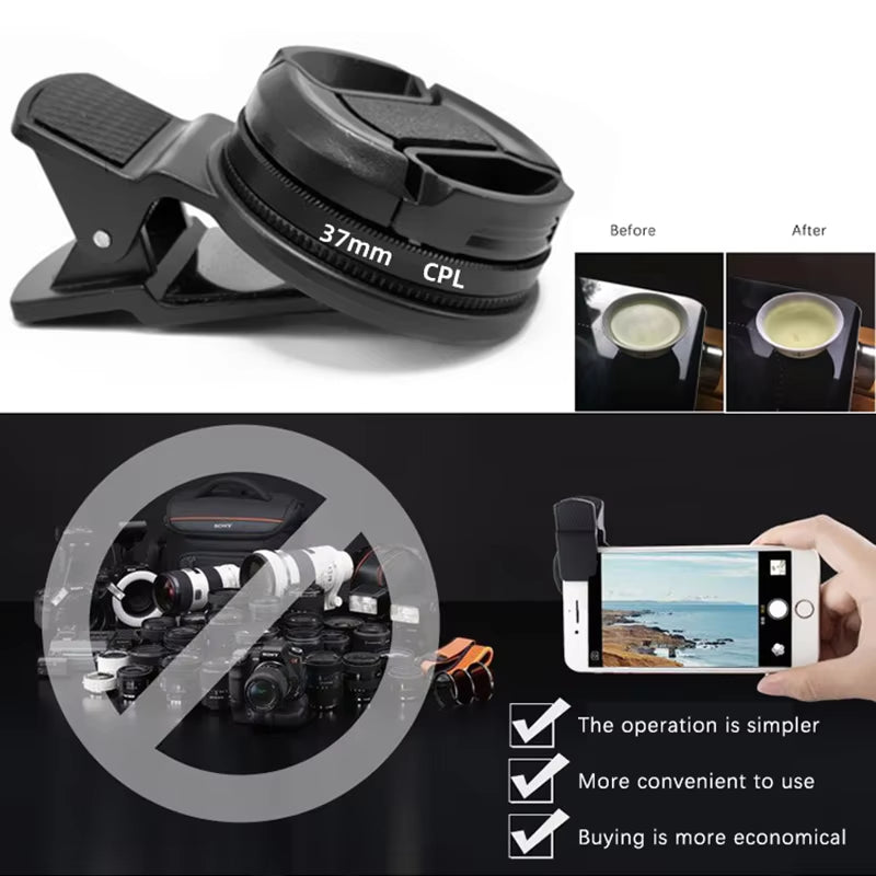 Universal with Clip Portable Professional Phone Polarizer Wide Angle Lens 37/52MM CPL Filter Circular Camera Black Accessories