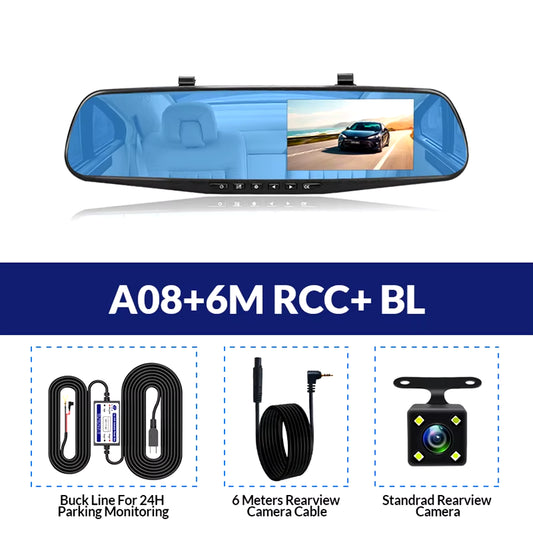 Dash Cam 4.3 Inches Car DVR Rearview Mirror Driving Recorder Dual Lens Front and Rear Camera Video Recorder Black Box